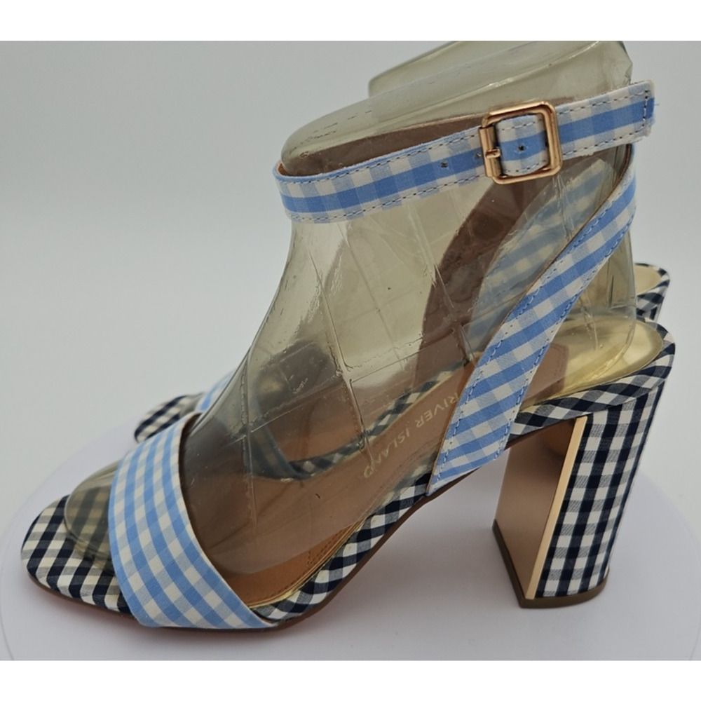River Island Lt &‎ Dk Blue Gingham Strappy Sandal 4 inch Heels Womens Sz 7 *EUC* - Picture 2 of 16